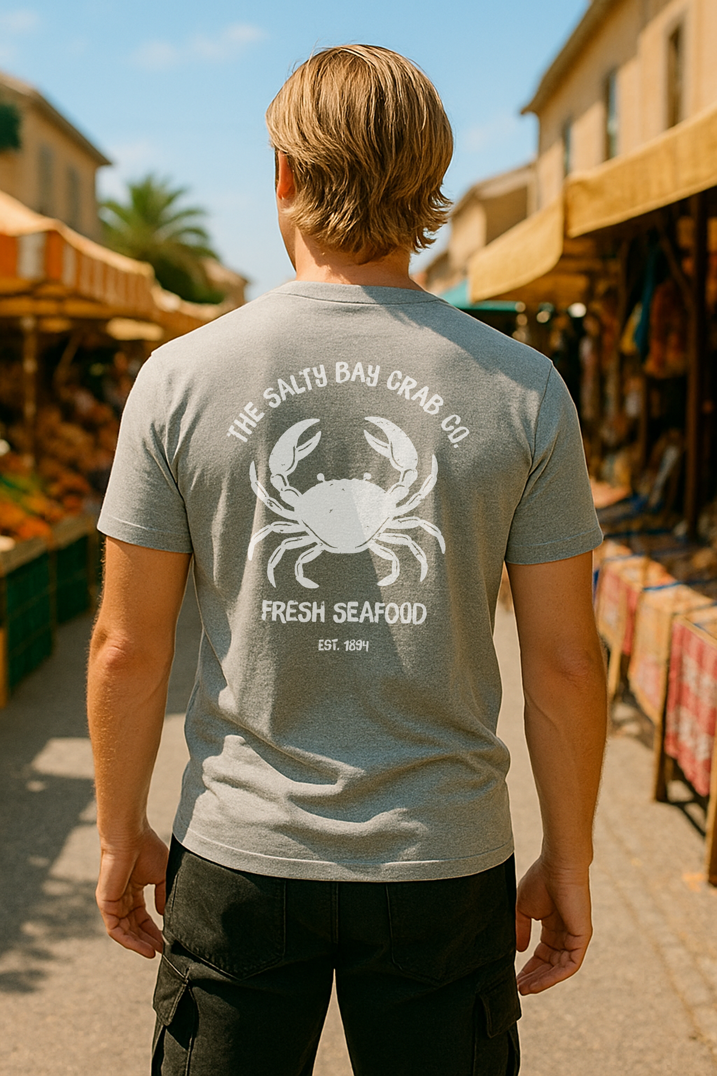 Salty Bay Crab Co. T-Shirt Design 2 in White on Grey (double sided)