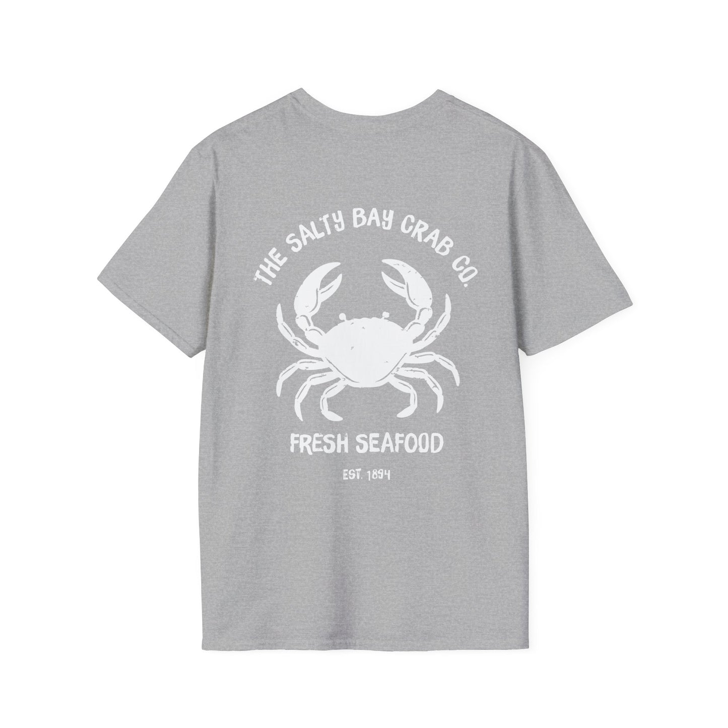 Salty Bay Crab Co. T-Shirt Design 2 in White on Grey (double sided)