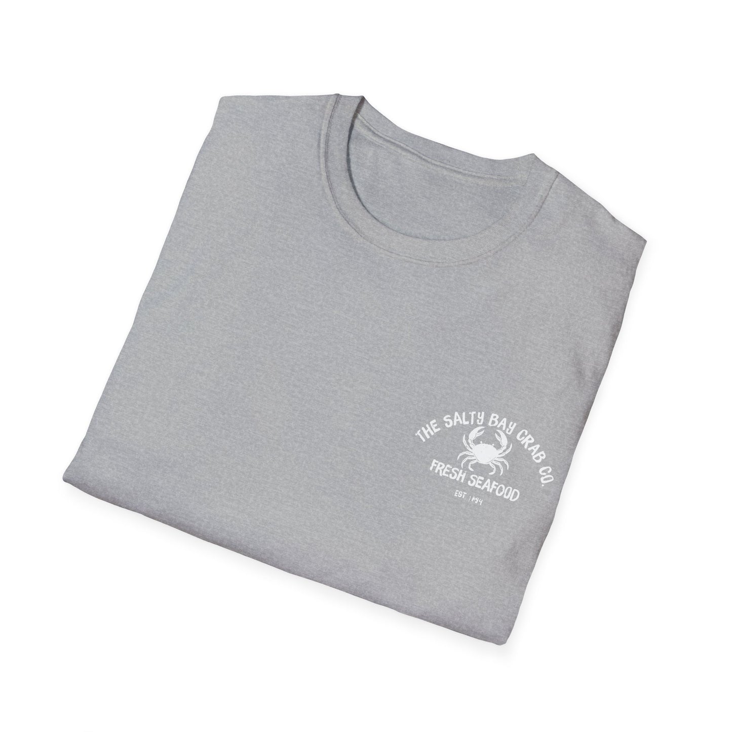 Salty Bay Crab Co. T-Shirt Design 2 in White on Grey (double sided)