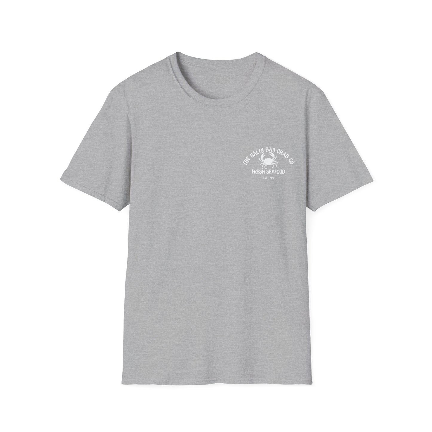 Salty Bay Crab Co. T-Shirt Design 2 in White on Grey (double sided)