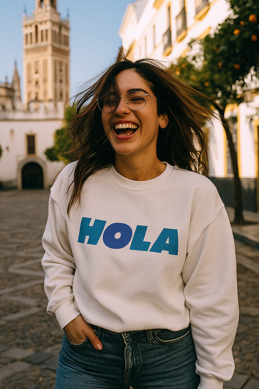 Hola Sweatshirt in Blue on White