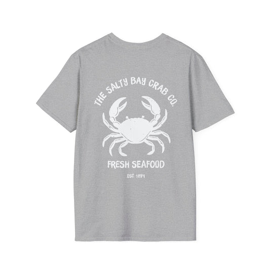 Salty Bay Crab Co. T-Shirt Design 2 in White on Grey (double sided)